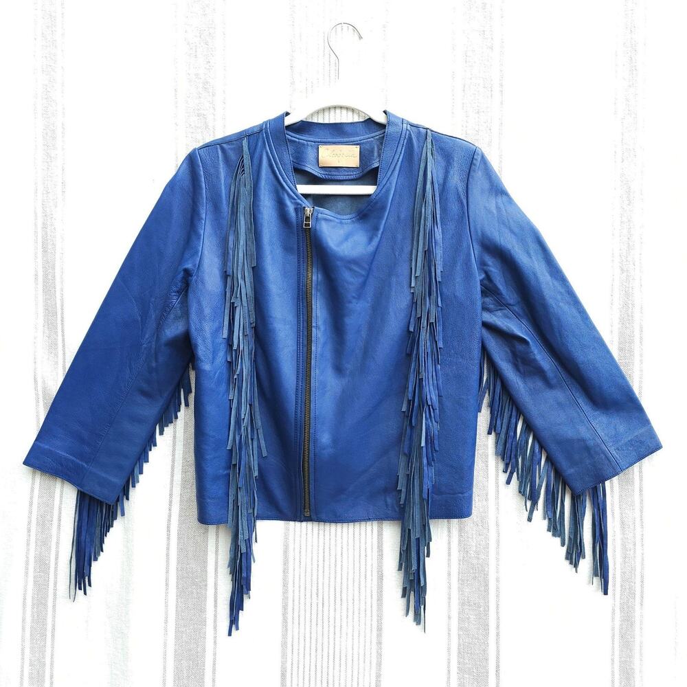 Cleobella Jacket Womens Large Blue Leather Fringe Boho Western Festival Moto